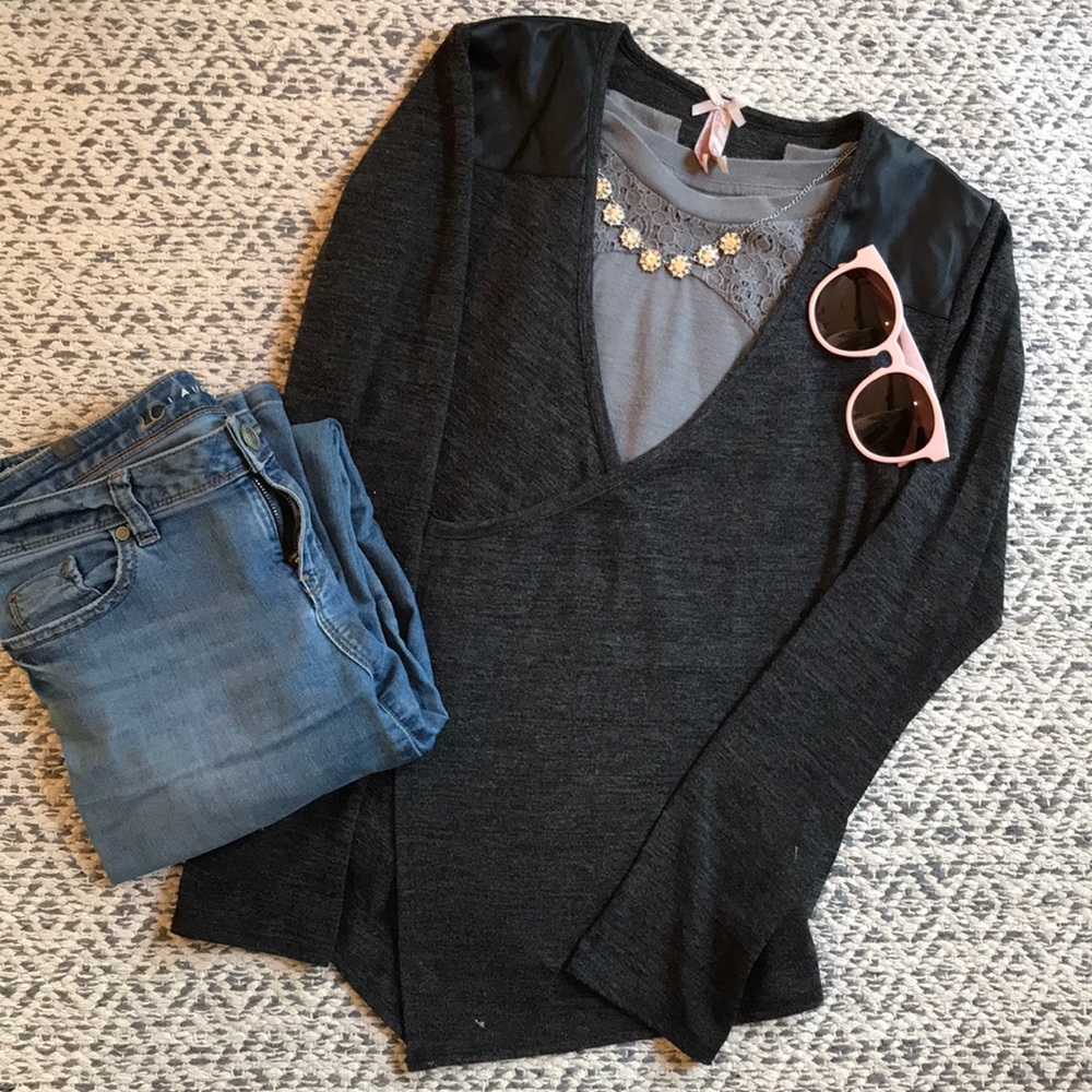 Faux-leather Capped Gray Cardigan